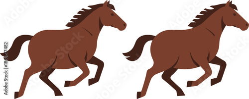 Two brown horses running side by side on a white background galloping