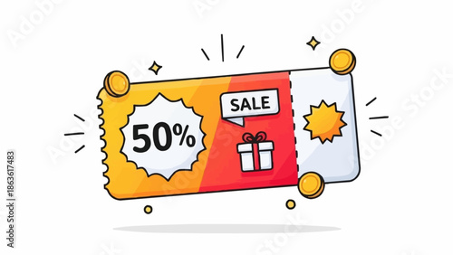 Discount coupon with 50 percent off sale and gift icon.