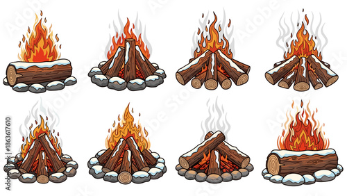 Set of eight campfire illustrations with logs and stones, pixel art style