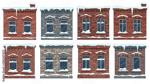 Set of eight brick building facades with snow on roofs, winter architecture elements