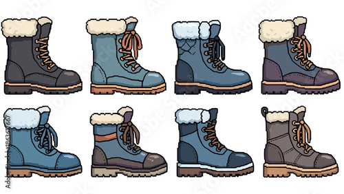 Set of eight different winter boots with fur lining