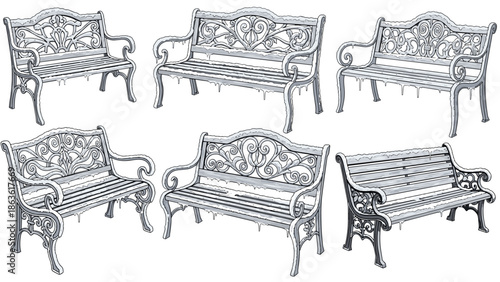 Collection of six antique cast iron garden benches and park seating