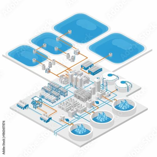 Isometric diagram of a water treatment and purification plant.