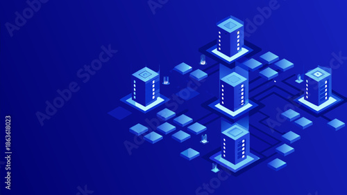 Flat illustration of an advanced digital network with interconnected servers and data storage