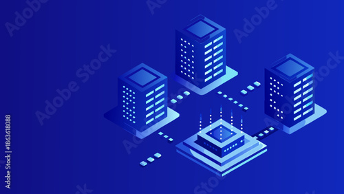Flat illustration showing advanced cyber infrastructure with buildings and network connections