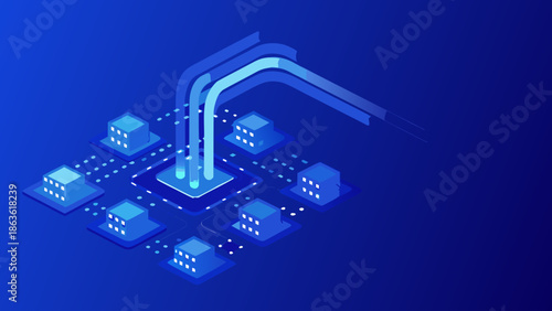 Minimal flat vector illustration of digital analytics environment with data flow and network