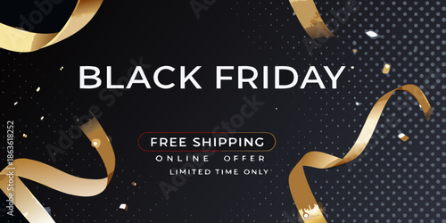 Black friday sale with gold ribbons free shipping offer and sparkling background