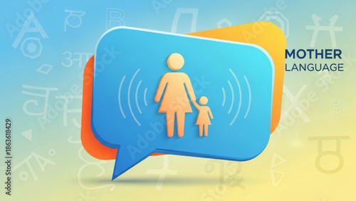 Mother Teaching Child Native Language in Speech Bubble
