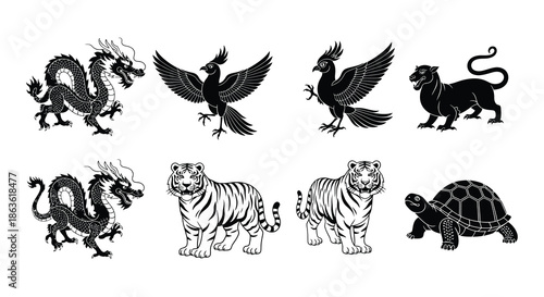 Collection of mythical creatures dragons phoenixes tigers and other symbolic animals