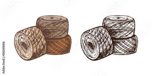 Hand drawn vintage sketch of yarn balls, balls of threads in brown color and monochrome version, cozy knitting thread illustration set