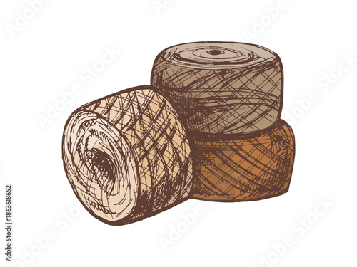  Hand drawn vintage sketch of three yarn balls, balls of threads in brown color palette, cozy knitting thread vector illustration