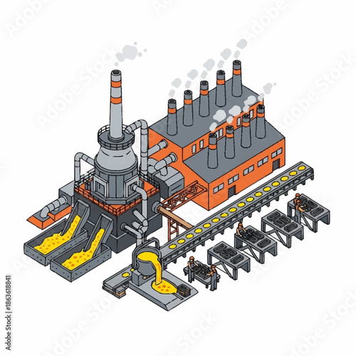 Isometric illustration of a bustling industrial factory with molten metal production.