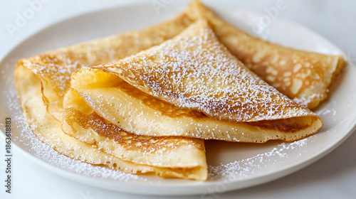 Homemade crepes dusted with powdered sugar on white plate
