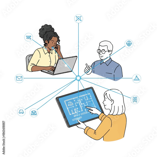 Illustration of three people collaborating with technology and communication icons around them on a white background with a modern feel.