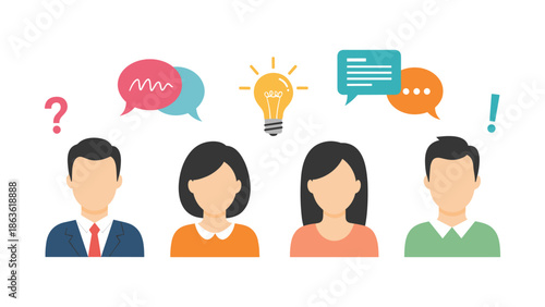 Flat line illustration of a group of people with speech bubbles showing ideas, questions, and exclamations. Concept of team discussion, brainstorming, communication, problem solving, collaboration.