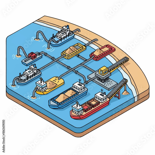 Isometric illustration of a complex dredging and cargo ship operation in a harbor.