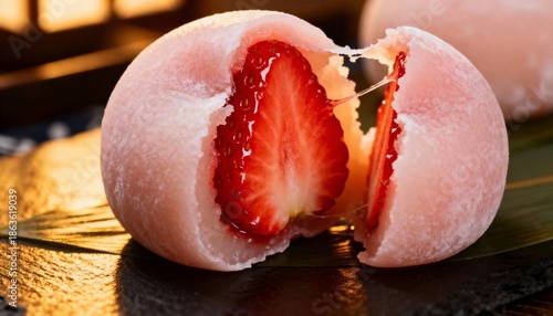 Fresh Strawberry Mochi Daifuku with Strawberry Filling on Wooden Table