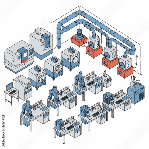 Isometric illustration of a comprehensive industrial manufacturing facility with various machinery.