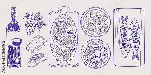 A delightful selection of seafood wine and bread in a sketched illustration