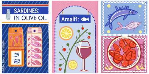 A collection of vintage style food themed postage stamps displayed together