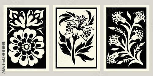 Elegant floral triptych featuring symmetrical black and white botanical designs