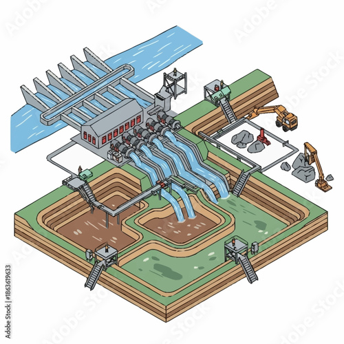 Isometric illustration of a hydroelectric power plant with dam and water flow.