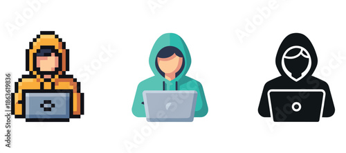 Abstract illustrations of hooded anonymous figures using laptops