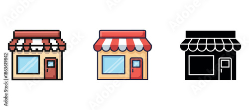 Three icon variations of small storefront with red and white awning