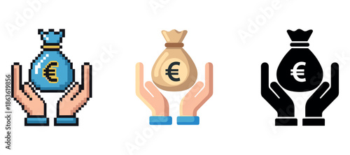 Pixel art euro money bags held by diverse hands in various styles