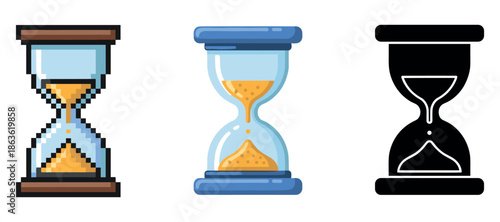 Pixelated, flat, and silhouette hourglass icons showcasing time concepts