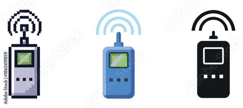 Retro and modern wireless devices with signal waves in pixel, flat, and silhouette styles