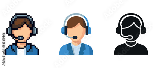 Diverse male customer service icons with headsets in various styles