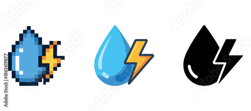 Set of water droplet icons with lightning bolt design in pixel, flat, and silhouette styles