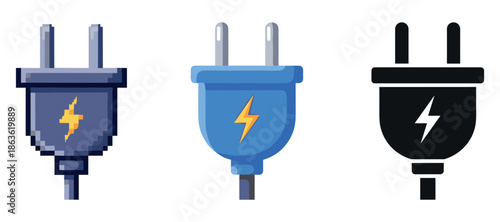Three electric plugs with lightning bolts in various styles