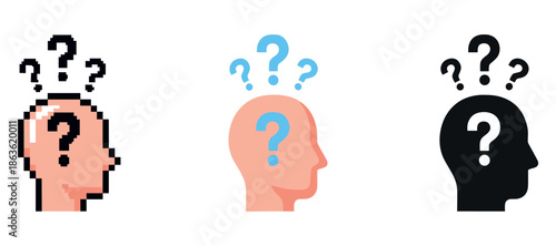 Three stylized silhouettes with question marks - pixel, flat, solid art styles