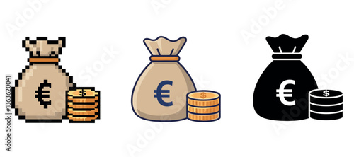 Euro currency symbol on money bags with coin stacks