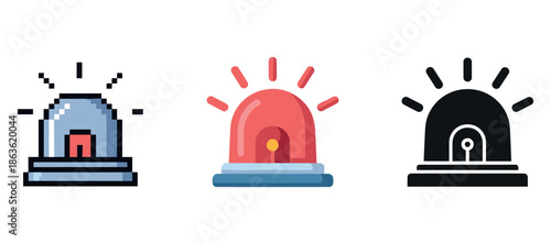 Set of red emergency sirens in different artistic styles on white background