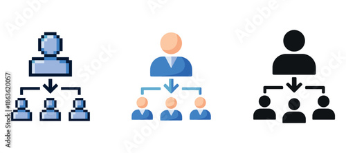 Hierarchical organization icons: simple pixel, flat, and minimalist designs