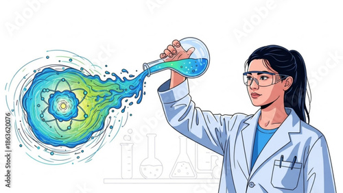 Female Scientist Holding Flask with Atom Symbolizing Chemistry Experiment Isolated on White