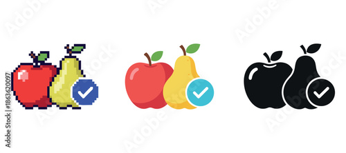 Three styles of apples and pears with checkmarks: pixel, flat, and silhouette designs