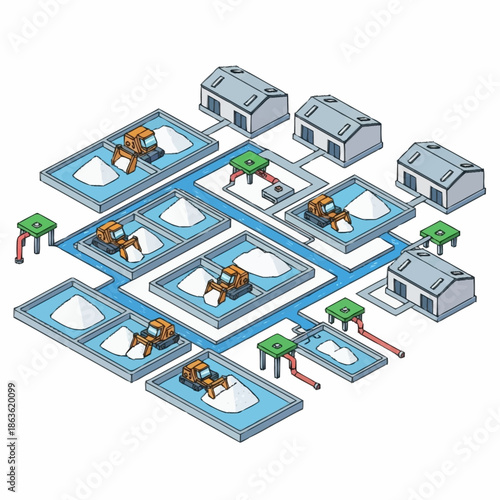 Isometric illustration of a large-scale industrial mining and processing operation with multiple facilities.