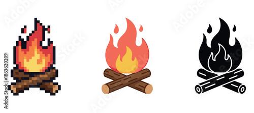 Pixel art campfire icon set: pixelated, flat, and monochrome styles