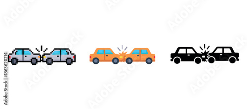 Pixel and icon art of car collisions with three styles represented