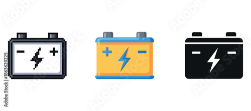 Illustration of three stylized car batteries in pixel, flat, and silhouette designs