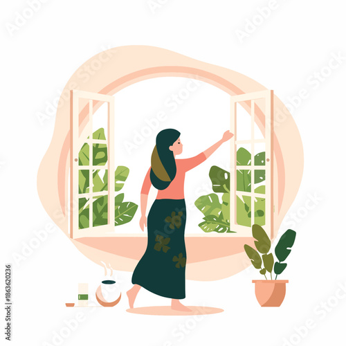 Woman opening window with plants outside and a potted plant inside, engaging in comfort rituals and relaxing activities in a serene setting.