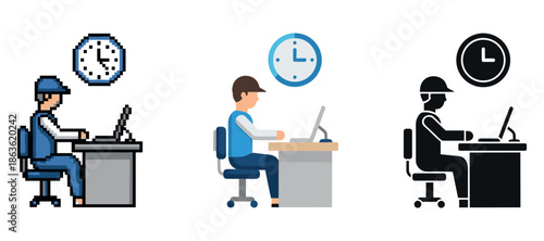 Pixel, flat, and silhouette styles of people working at desks with clocks