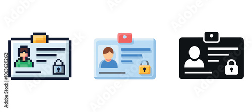 Digital identity cards with security locks and cartoon avatars