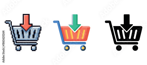 Shopping cart icons with downward arrows - pixel, flat, silhouette styles