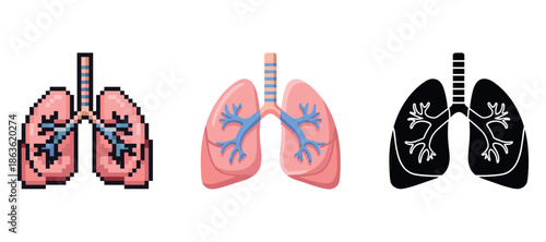 Three lung illustrations: pixel art, cartoon style, silhouette design