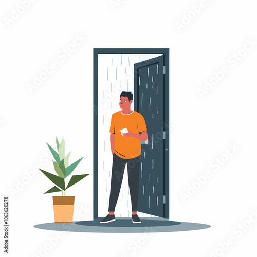 Illustration of a man standing under an awning with a cup, next to a potted plant on a rainy day, conveying a relaxing comfort ritual.